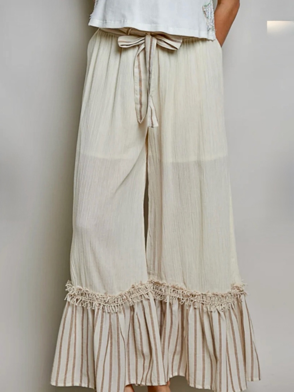 POL Cream Wide-Leg Boho Pants with Tassel Tie